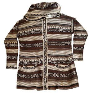 VTG 90s Express Tricot Tribal Knit Hooded Jacket Brown White Size XS Check Desc!